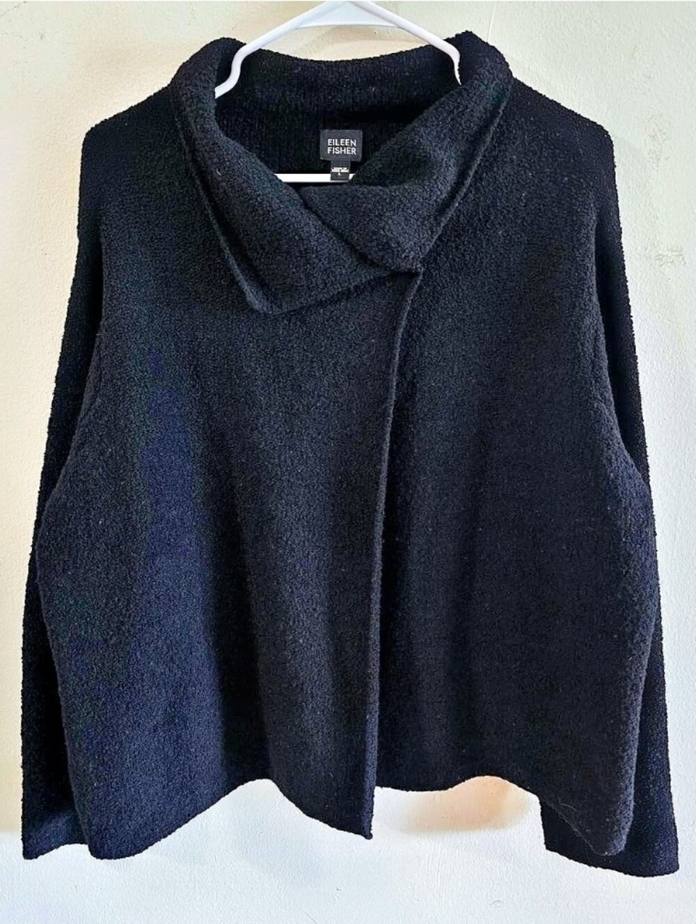 Eileen Fisher Cardigan Women L Black Wool Shawl Collar Open Front Long Sleeve EF